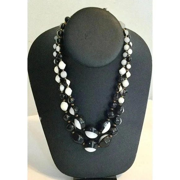 Vintage Womens Black Ivory Two Tone Double Strand with Extension Beaded Necklace - Picture 2 of 9